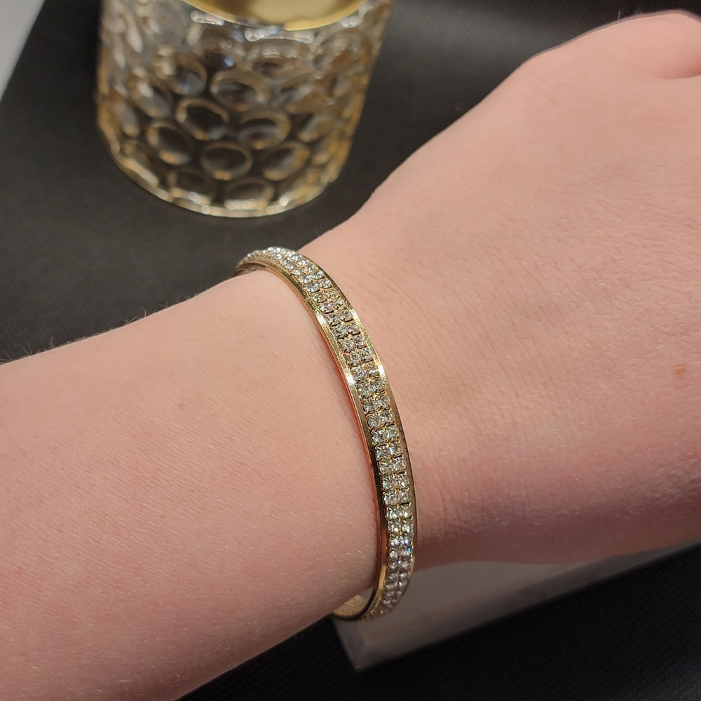 Gold Diamond Pave Cuff Bracelet Blingy Colorless Rhinestone